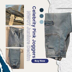 NWOT Celebrity Pink Juniors' Denim Cargo Joggers - Light Wash - Size L
